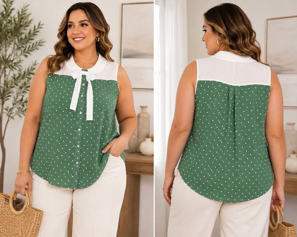 Tulip B Womens Large Green Polka Dot Peter Pan Collar Tie Neck Blouse NWT